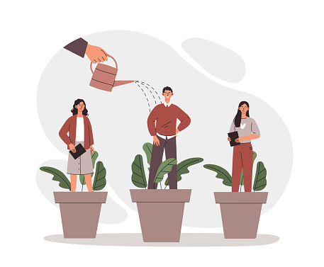 Hand watering plants. Metaphor for boss who develops his subordinates. Increasing professional skills, hardworking employees and workers, investment in people. Cartoon flat vector illustration
