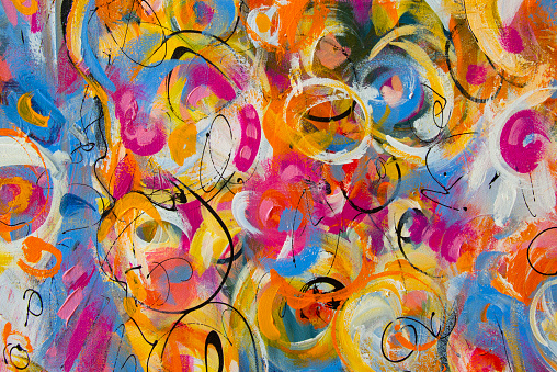 Abstract painting with oil paints on canvas, bright colors. High resolution photo.