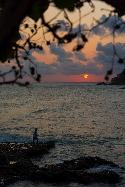 istock Dramatic sunset on the beach between tree leaves with vibrant colors. 1397982496