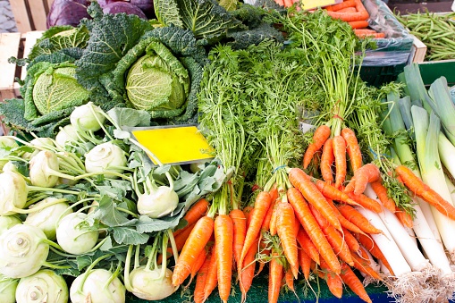 Various vegetables on street market stall in Rome, Italy