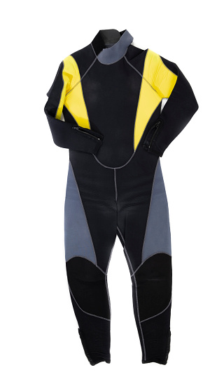 Thick neoprene wetsuit for underwater divers front view isolated on white background