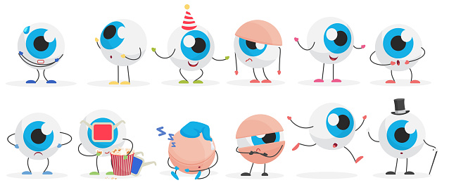 Funny eye ball characters set vector illustration. Cartoon eyeballs with blue cornea and black pupil and funny facial expression, happy and sad comic emoticon isolated white. Optometry concept