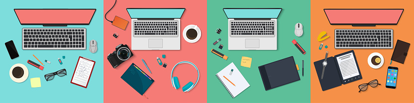 Top view of workplace with computer and digital wireless devices set vector illustration. Cartoon workspace with paper business documents, laptop, pen, coffee cup on office desk collection background
