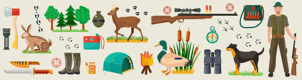 ハンターキャラクター、森と狩猟用弾薬セット、銃とレンジャーキャンプ用具 - hunting rifle sniper duck hunting点のイラスト素材／クリップアート素材／マンガ素材／アイコン素材