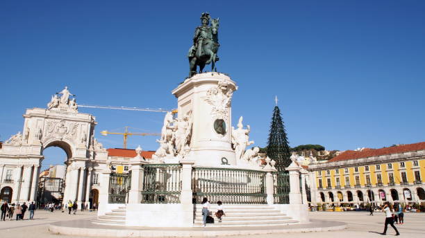 Equestrian statue of King Jose I in the center of the Commerce Square, Lisbon, Portugal stock photo