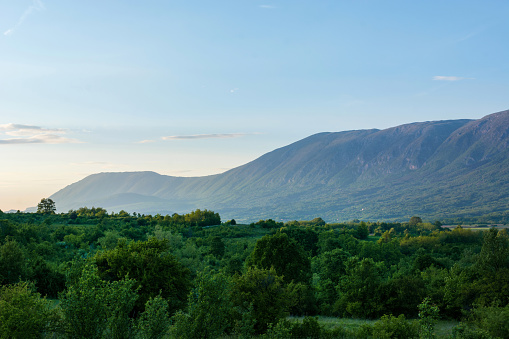 Beautiful landscape view of Suva Planina The dry mountain in Serbia at spring sunset. Natural background concept