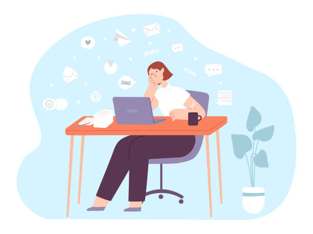 ilustraciones, imágenes clip art, dibujos animados e iconos de stock de sobrecarga de información. mujer sentada en el escritorio con computadora portátil que tiene mucho trabajo. personaje femenino estresado que trabaja con documentos - sobrecarga de información