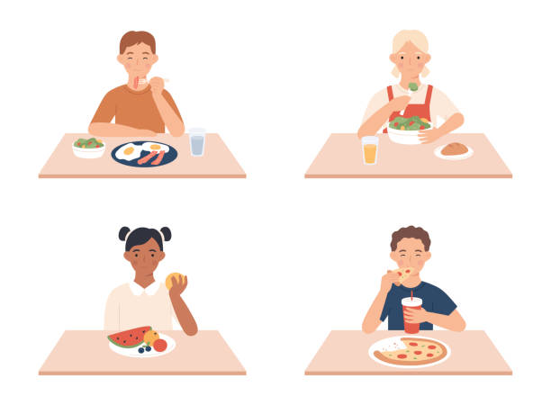 ilustraciones, imágenes clip art, dibujos animados e iconos de stock de niños comiendo. niños y niñas sentados a la mesa y desayunando. pequeños personajes femeninos y masculinos felices comiendo comida diferente - plate hungry fork dinner