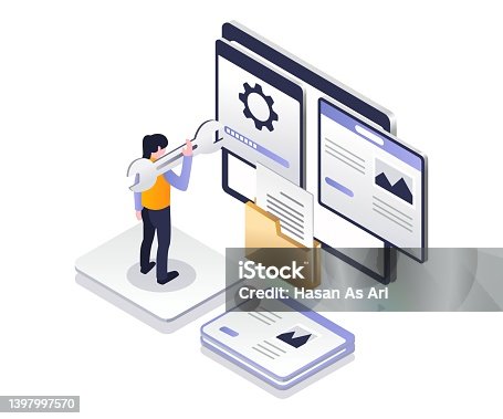 istock Flat isometric illustration concept. Install plugins in wordpress templates and web app 1397997570