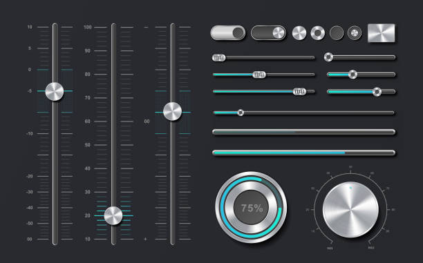 Sound mixer sliders Sound mixer sliders. Interface elements for music programs and applications for dj concept. Player and audio processing, modern technology and digital world. Cartoon flat vector illustration music tuner stock illustrations