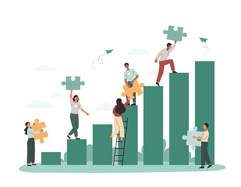 Team work metaphor. Men and women next to growing graph, development of company. Partnership and coworking, hardworking workers and good atmosphere in office. Cartoon flat vector illustration
