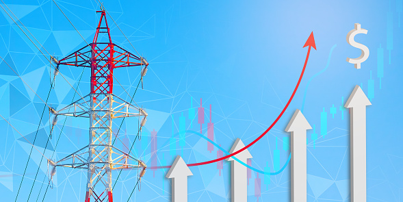 Red-white pole of high voltage power line, stock price charts and ascending arrows with symbol of US dollar. Global energy crisis with rise in cost of energy carriers