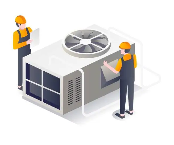 Vector illustration of Isometric flat illustration concept. two men maintaining an HVAC cooler
