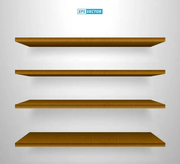 Vector illustration of set of realistic wooden wall shelves isolated. eps vector