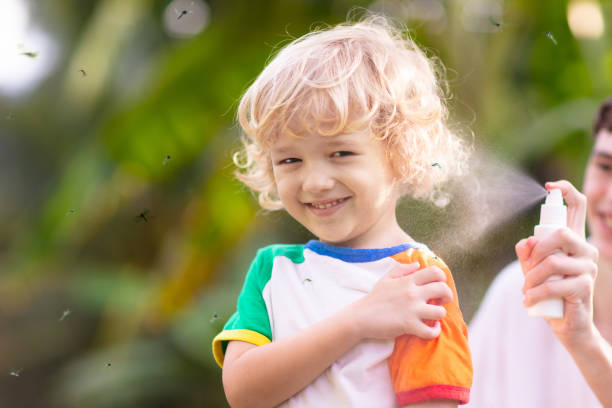 istock Mosquito on kids skin. Insect bite repellent. 1398006307