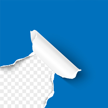 Torn hole of lower left corner of blue sheet with paper curl and transparent background of the resulting window. Realistic vector template paper design.