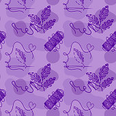 istock Seamless pattern of embroidered leaves, hand-drawn doodles in sketch style. Reel of thread. Needle and thread. Embroidery. Handmade. Thread. Fancy purple palette illustration. 1398007134