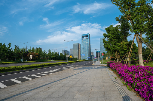 Modern buildings and roads in Chengdu on a sunny day