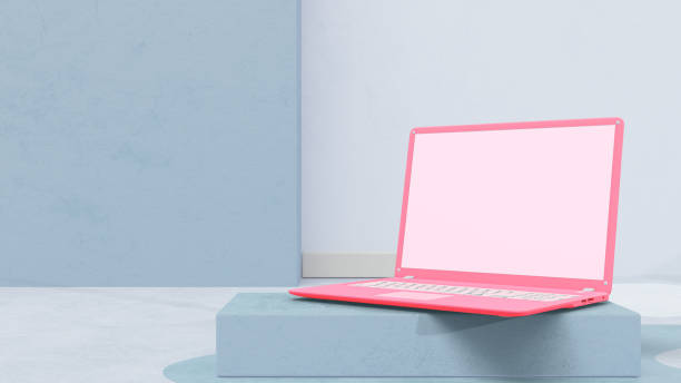 istock Pink laptop in blue room  with decoration minimal. Mock-up computer. 1398011872