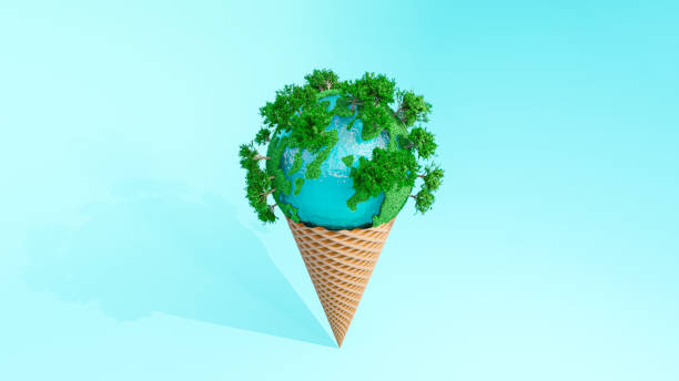 istock Globe full of grass on ice cream cone. on Blue background. Global warming and minimal idea concept 1398011879