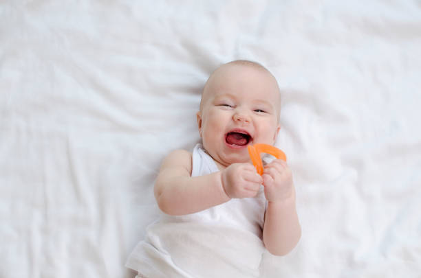 The baby grows the first tooth. Smiling newborn, playing teether in bed close-up. The baby grows the first tooth. Smiling newborn, playing teether in bed close-up baby teeth stock pictures, royalty-free photos & images
