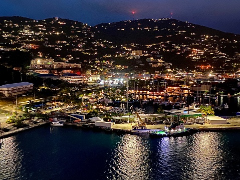 Charlotte Amalie bay at night.