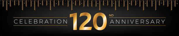 120-jähriges jubiläum. einhundertzwanzig jahre geburtstagsfeier horizontales banner mit leuchtend goldener farbe. - number 120 stock-grafiken, -clipart, -cartoons und -symbole