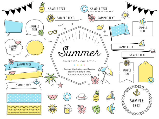 Summer season illustrations and frames drawn with simple lines. sunflower,Beach,Flowers, Fruits, etc. (Text translation:“Summer”,“Sample text”,“Frame”) Summer season illustrations and frames drawn with simple lines. sunflower,Beach,Flowers, Fruits, etc. (Text translation:“Summer”,“Sample text”,“Frame”) plain tags stock illustrations