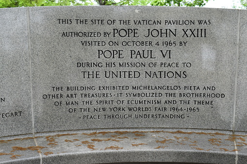 Corona, Queens, New York, USA - May 14, 2022 - A Vatican Exedra Monument Built on the Site of former the Vatican Pavilion in the Flushing Meadows Corona Park.