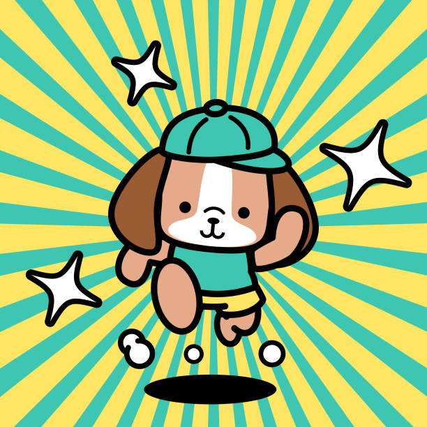 illustrations, cliparts, dessins animés et icônes de un chien mignon portant une casquette de baseball court vers la caméra - characters sport animal baseballs