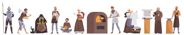 ilustrações de stock, clip art, desenhos animados e ícones de medieval people set, knight in armor, priest and beggar, family of peasants, blacksmith - aging process middle women men
