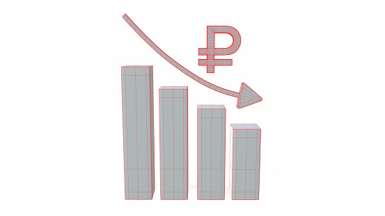 Russian ruble. The increasing icon is down. 3d-rendering.