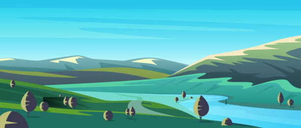 illustrazioni stock, clip art, cartoni animati e icone di tendenza di paesaggio verde fiume con montagne e colline, strada di campagna e sagome di alberi - mountain landscape mountain peak small