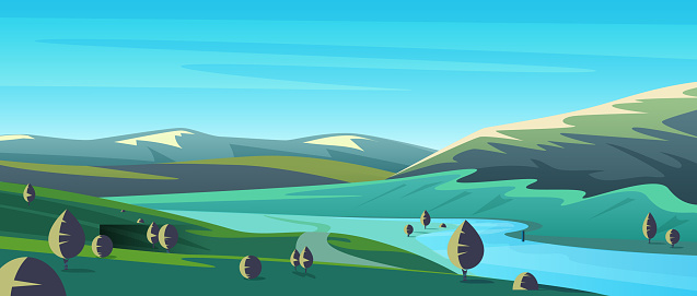 River green landscape with mountains and hill, country road and silhouettes of trees vector illustration. Cartoon rural simple scene for wallpaper, valley panorama of hilly region background