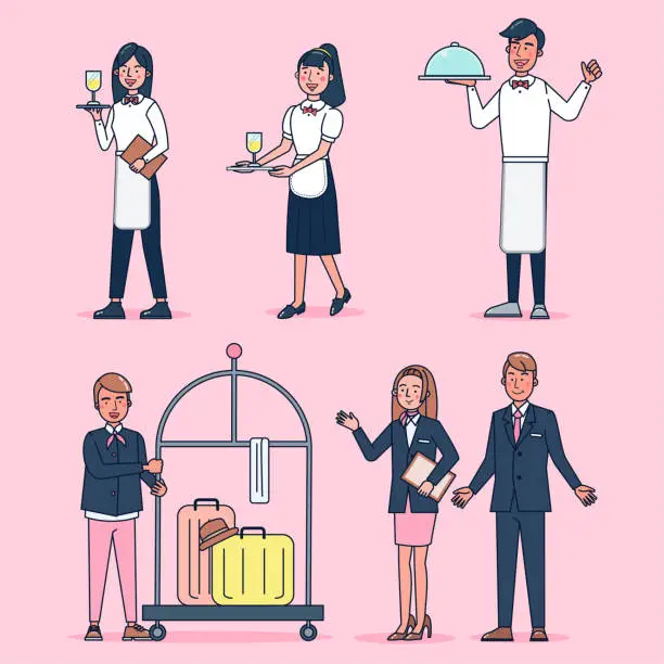 Vector illustration of Character collection of catering big set isolated flat vector illustration wearing professional uniform, cartoon style on hotel theme