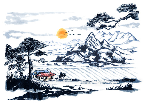Korean natural scenery, ink painting, Korean traditional painting