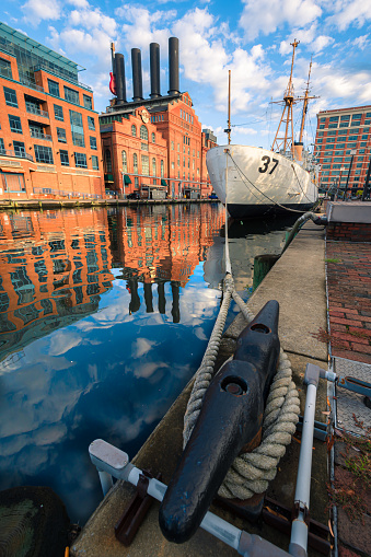 View of historic ship in Inner Harbor, Baltimore, Maryland. This ship served in the Pacific during World War II and is now a museum ship.v