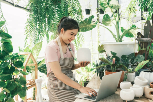 молодая женщина владелец магазина растений проверяет заказ клиента с сайта - farmer laptop selling internet стоковые фото и изображения