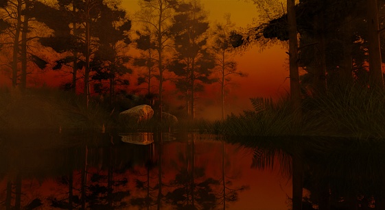 Sunset silhouette in the pine forest nature scene 3D rendering wallpaper backgrounds