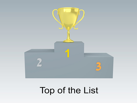 3D illustration of a golden grail on a podium and Top of the List title, isolated over pale blue gradient.