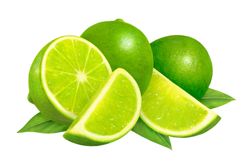 An illustration of two lime wedges, a lime half and two whole limes with leaves.