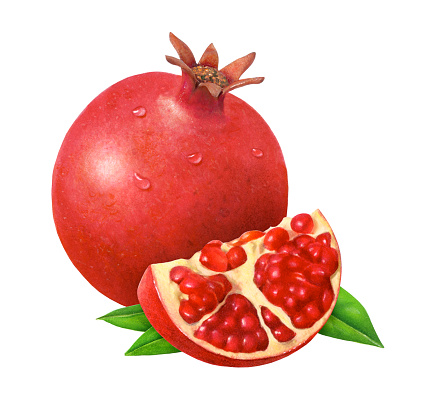 A realistic illustration of a whole pomegranate, wedge and leaves.