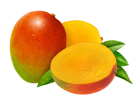 A realistic illustration of a whole mango, surrounded by two halves and leaves.