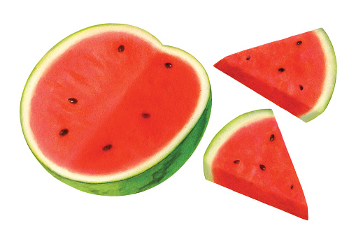 An illustration of a halved watermelon with two wedges on the right.