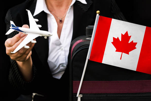 business woman holds toy plane travel bag and flag of Canada stock photo