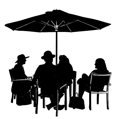 illustration of mature people sitting outside at a restaurant terrace in the summer and having food and drinks