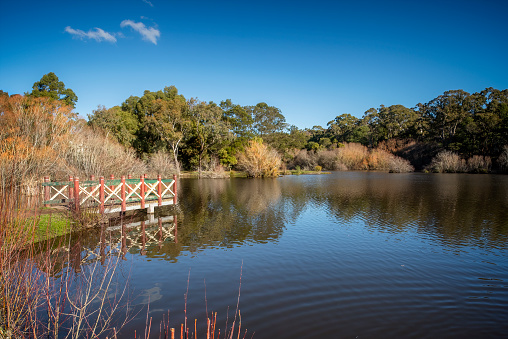 Sunny winters day at Lake Daylesford in tourist town of Daylesford in Victoria.