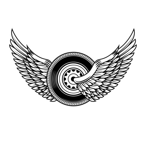 Winged wheel in monochrome style. Design element for label, sign, emblem. Vector illustration