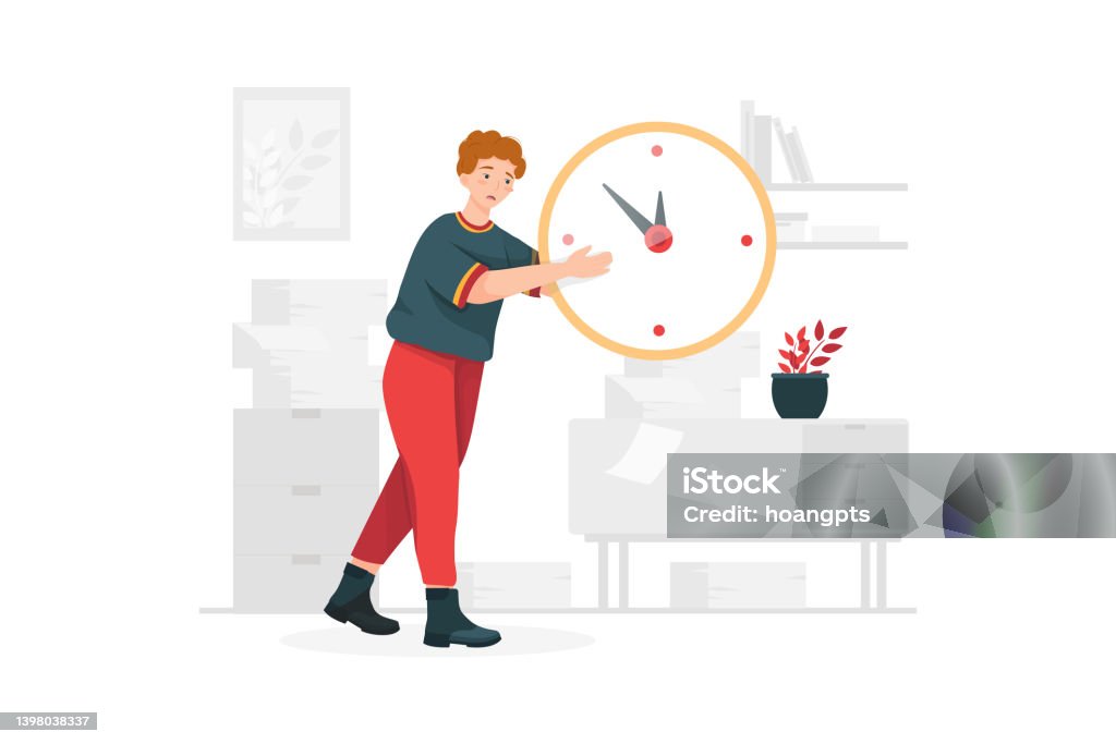 Confusing Managing Time Confused Man Trying To Adjust The Big Clock Stock Illustration ...