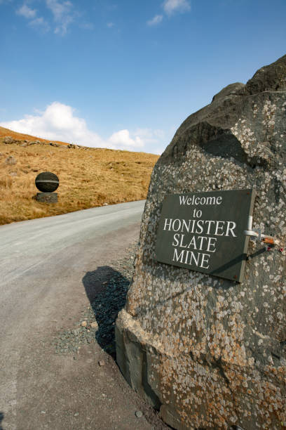 Honister, UK - March 23, 2022.  The welcome sign made from slate at the Honister Slate Mine and Museum in The lake District